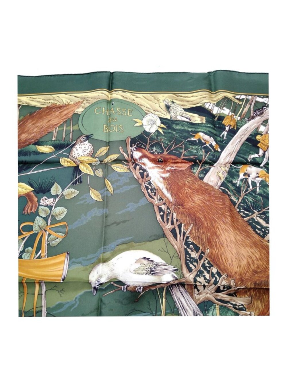 Authentic Hermès Chasse au Bois Carré 90 Silk Scarf Green Hunting Print Made in - Picture 8 of 10